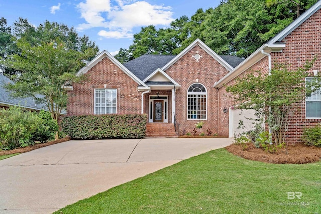 9791 Aspen Cir, Spanish Fort, AL 36527 - view of front facade with brick siding, concrete driveway, an attached garage, and a front yard