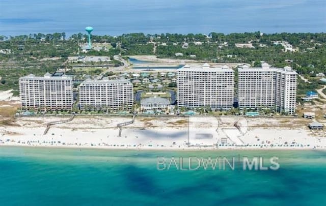 bird's eye view with a water view and a view of the beach