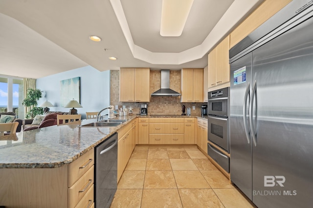 28107 Perdido Beach Blvd Unit D209, Orange Beach, AL 36561 - kitchen featuring light brown cabinets, stainless steel appliances, a sink, wall chimney range hood, and a warming drawer