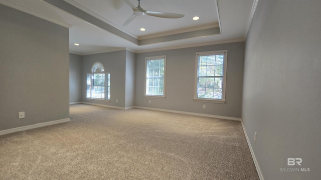 carpeted empty room with a tray ceiling, ceiling fan, and ornamental molding