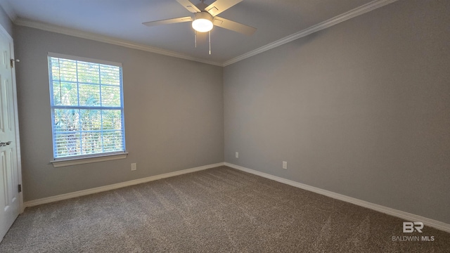 carpeted spare room featuring ceiling fan and ornamental molding