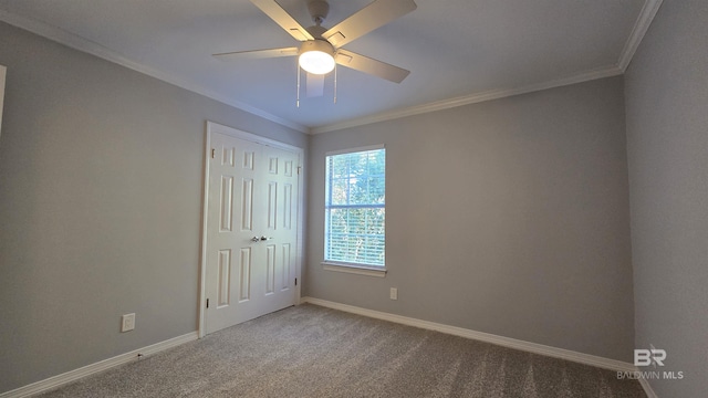 empty room featuring carpet floors, ceiling fan, and ornamental molding