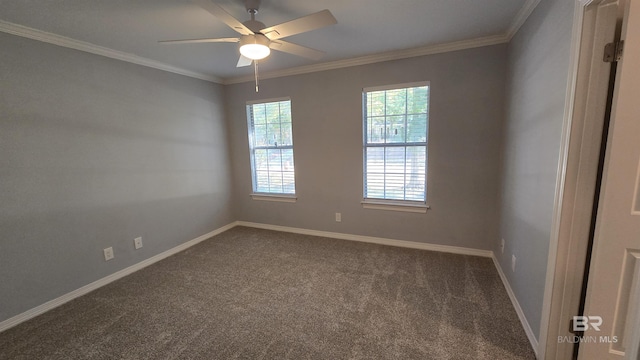 spare room with ceiling fan, dark carpet, and crown molding