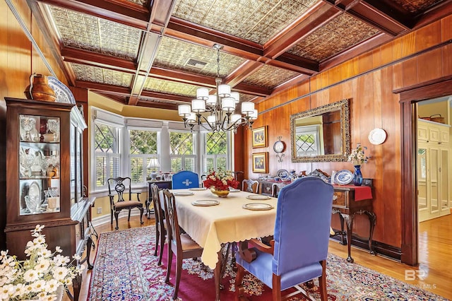 dining space featuring coffered ceiling, beamed ceiling, light wood-type flooring, an inviting chandelier, and wooden walls