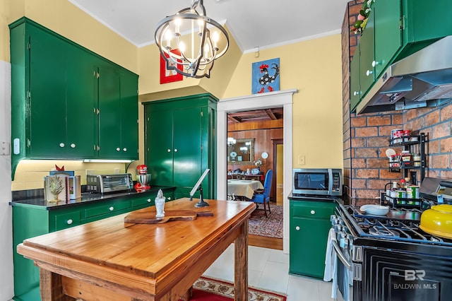 kitchen with light tile patterned flooring, a notable chandelier, green cabinetry, appliances with stainless steel finishes, and ornamental molding