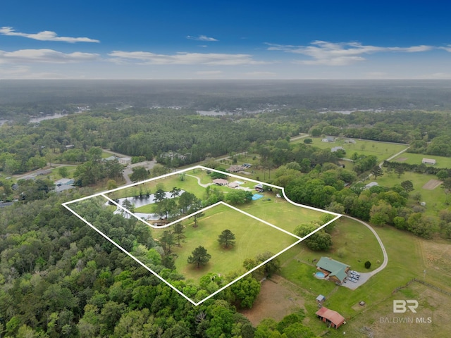 bird's eye view with a wooded view