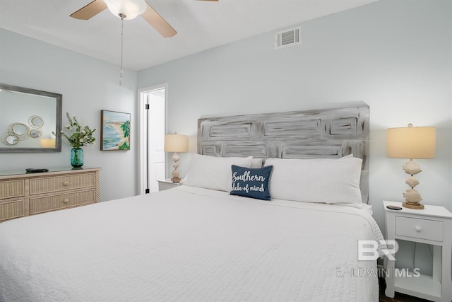 bedroom featuring a ceiling fan and visible vents