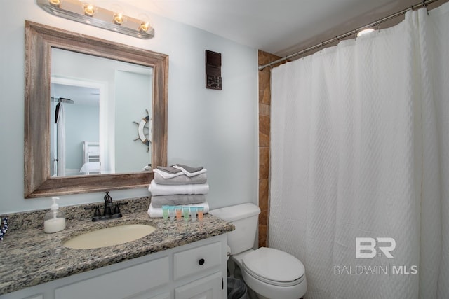 bathroom featuring vanity, toilet, and a shower with curtain