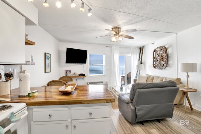 living room with a textured ceiling, a ceiling fan, and light wood-style floors