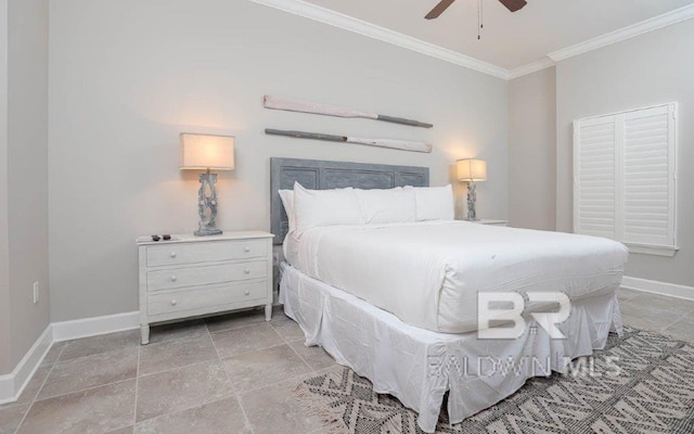 bedroom with a ceiling fan, baseboards, and crown molding