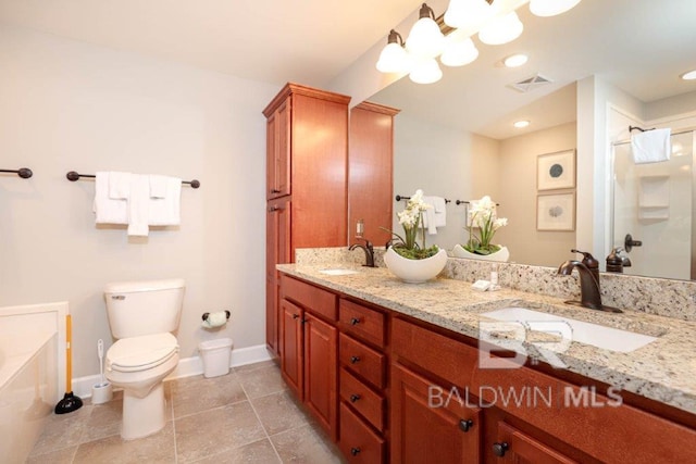 bathroom with toilet, double vanity, an enclosed shower, and a sink