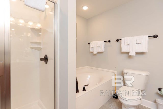 full bath featuring a garden tub, a shower stall, and toilet