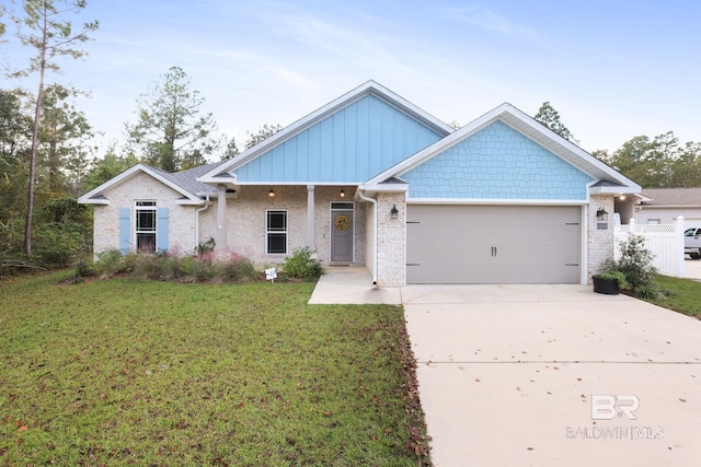 view of front of property featuring brick siding, board and batten siding, concrete driveway, a front yard, and a garage