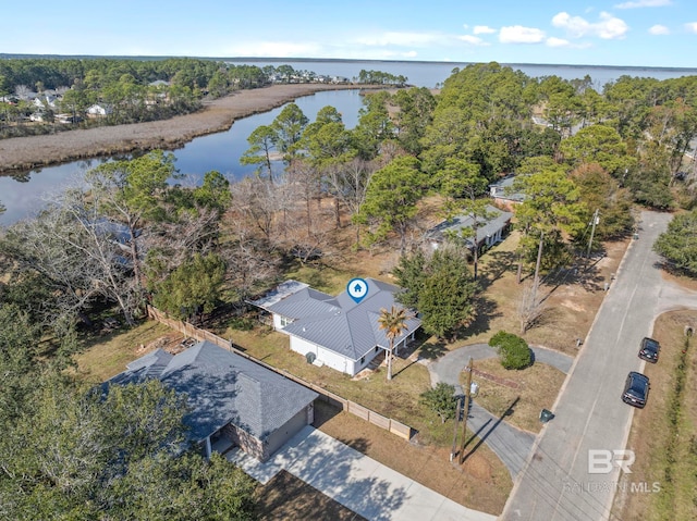 aerial view featuring a water view