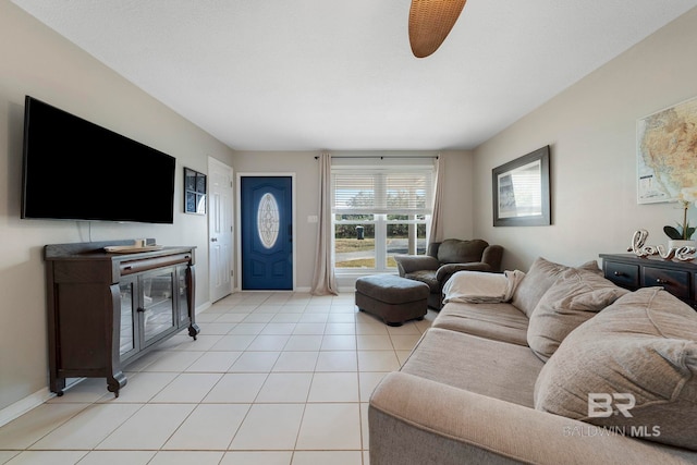 living room with light tile patterned flooring