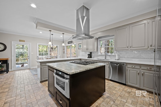 22649 Alice Ln, Fairhope, AL 36532 - kitchen with a sink, gray cabinetry, stainless steel appliances, and island range hood