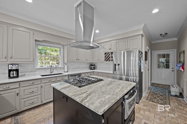 22649 Alice Ln, Fairhope, AL 36532 - kitchen featuring stainless steel fridge with ice dispenser, island exhaust hood, ornamental molding, a sink, and backsplash