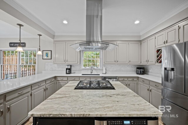 22649 Alice Ln, Fairhope, AL 36532 - kitchen featuring gray cabinets, a sink, ornamental molding, stainless steel appliances, and island range hood