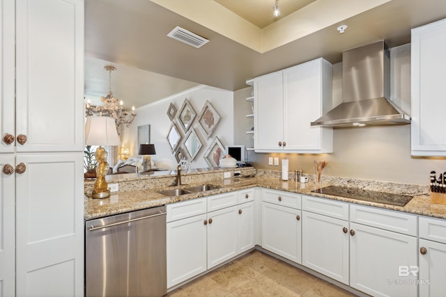 kitchen featuring white cabinets, wall chimney range hood, dishwasher, black electric cooktop, and sink