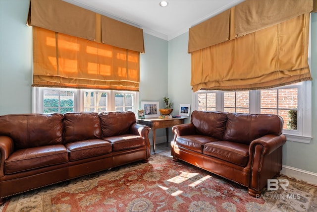 living room featuring crown molding and plenty of natural light