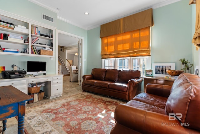 living room with crown molding