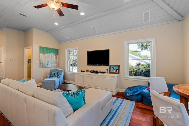 living room featuring lofted ceiling, ceiling fan, and wooden ceiling