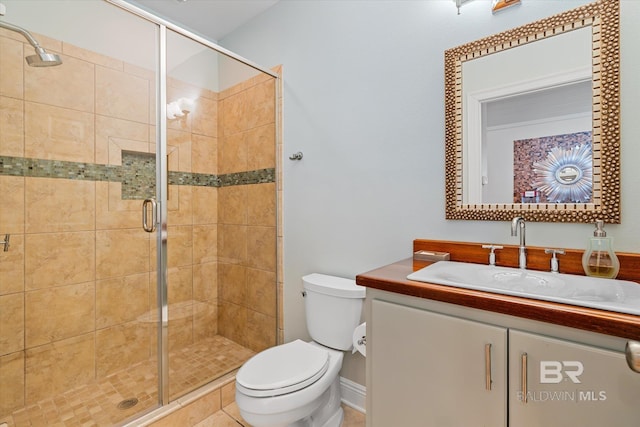 bathroom with tile patterned flooring, vanity, a shower with shower door, and toilet