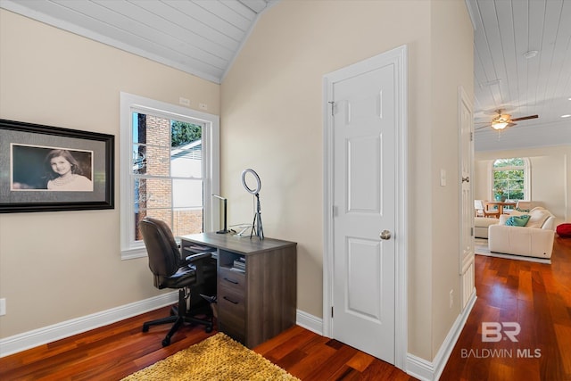 office with a healthy amount of sunlight, wooden ceiling, ceiling fan, and dark wood-type flooring