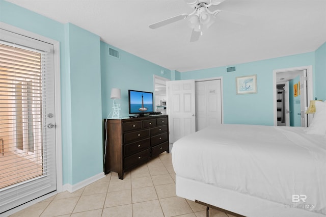 tiled bedroom with ceiling fan, access to outside, and a closet