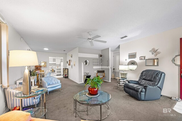 526 W Ariel Ave, Foley, AL 36535 - living room featuring a textured ceiling, ceiling fan, and carpet flooring