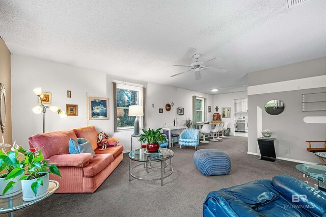 526 W Ariel Ave, Foley, AL 36535 - carpeted living room featuring ceiling fan and a textured ceiling