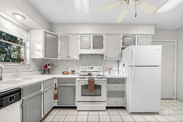 526 W Ariel Ave, Foley, AL 36535 - kitchen with sink, gray cabinetry, white appliances, ceiling fan, and a textured ceiling