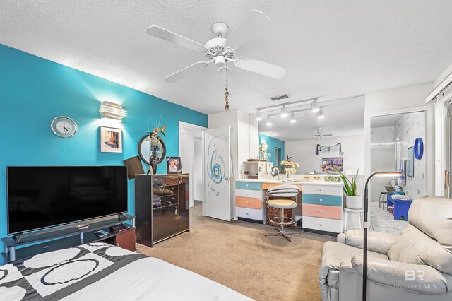 526 W Ariel Ave, Foley, AL 36535 - carpeted bedroom with ceiling fan, track lighting, and a textured ceiling
