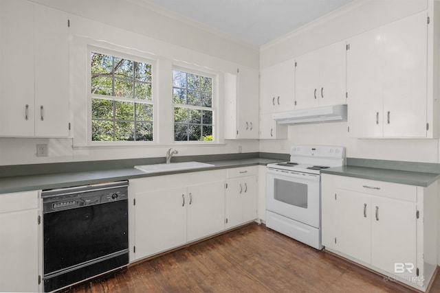 1706 Hunter Ave, Mobile, AL 36604 - kitchen featuring electric stove, black dishwasher, under cabinet range hood, crown molding, and dark wood finished floors