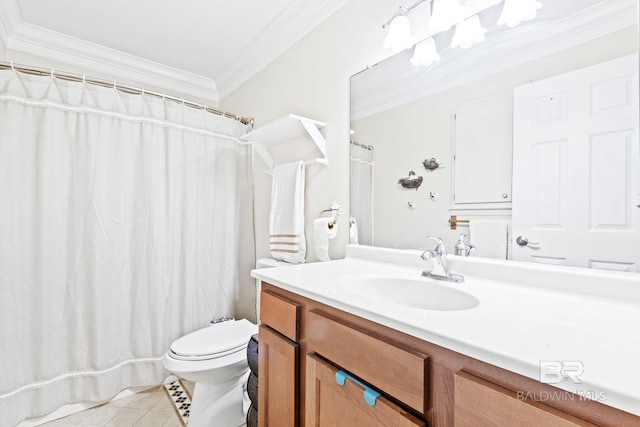 bathroom featuring tile patterned flooring, vanity, toilet, and ornamental molding