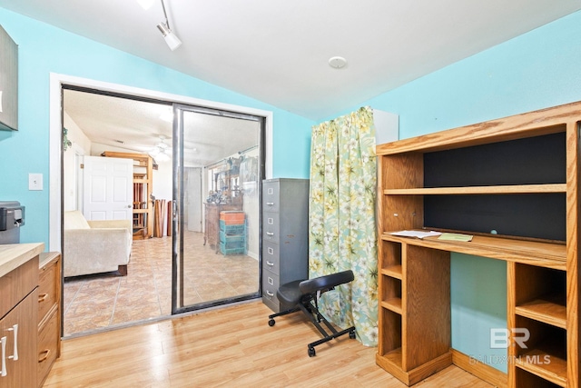 interior space featuring vaulted ceiling, rail lighting, and light hardwood / wood-style flooring