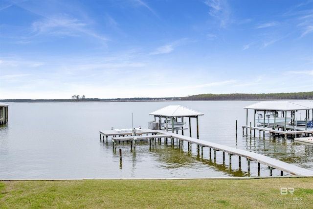 dock area with a water view and boat lift