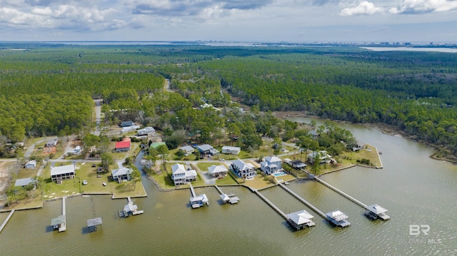 drone / aerial view featuring a water view and a forest view