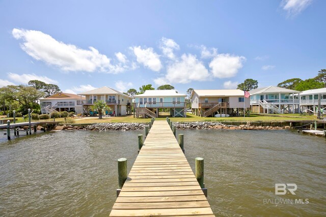 8239 Gulf Beach Ln, Gulf Shores, AL 36542 - dock area with a residential view, stairs, and a water view