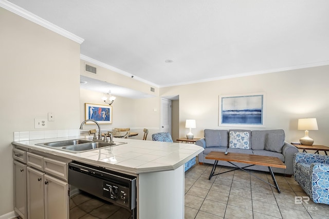 kitchen with sink, crown molding, tile countertops, dishwasher, and kitchen peninsula