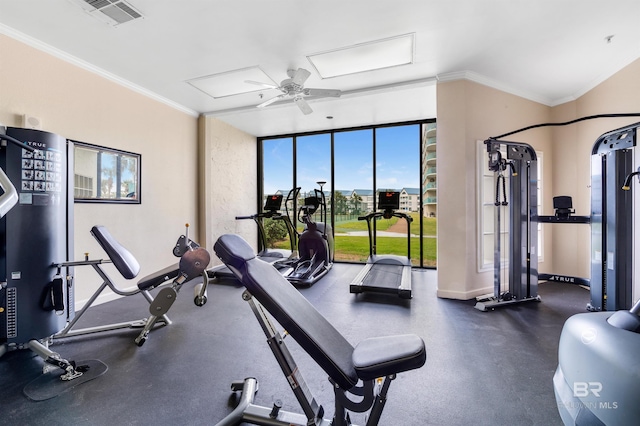 gym with ornamental molding and ceiling fan