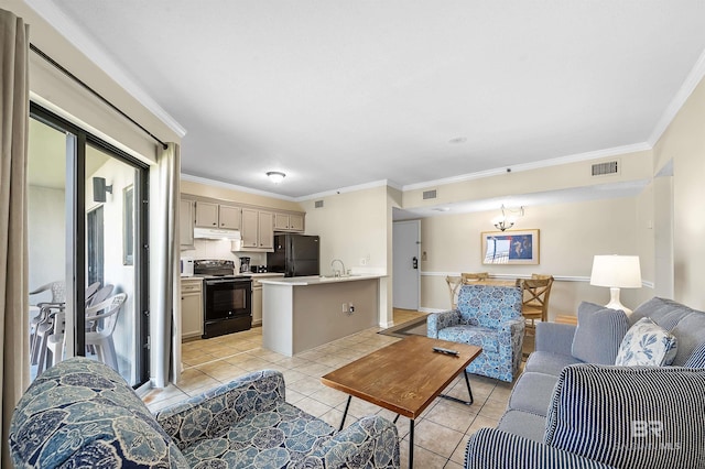 living room featuring crown molding, sink, and light tile patterned floors