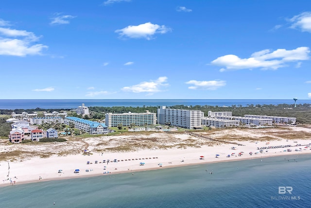 aerial view featuring a beach view and a water view