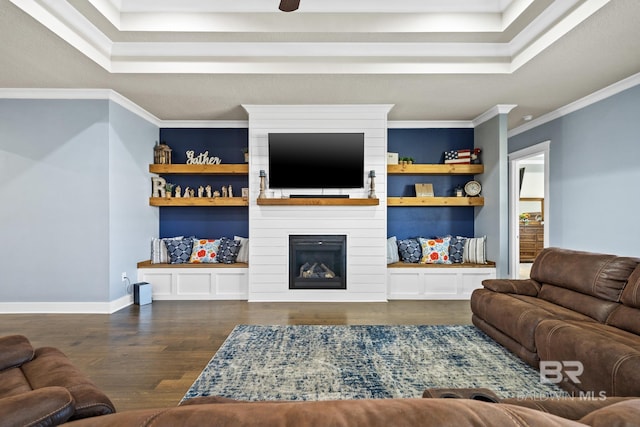 living room with ornamental molding, a tray ceiling, wood finished floors, a fireplace, and baseboards