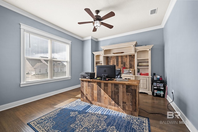 office with visible vents, baseboards, and dark wood-style floors