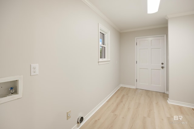 laundry area featuring hookup for an electric dryer, light wood-type flooring, ornamental molding, and washer hookup