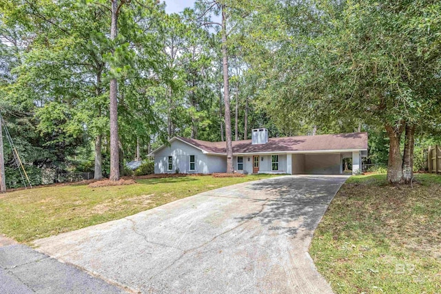 single story home featuring a front lawn and a carport