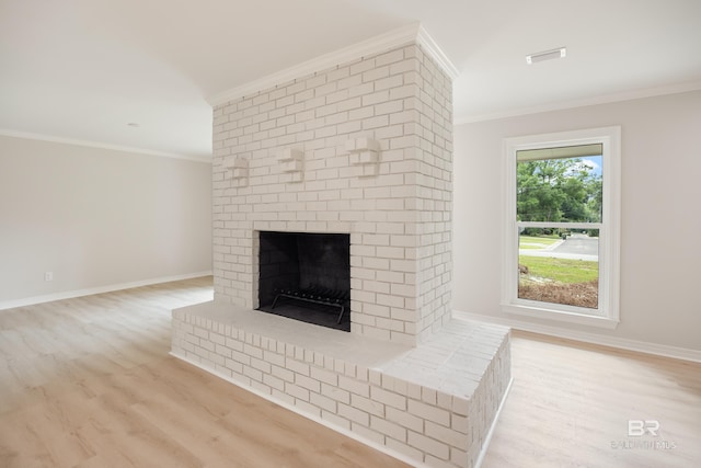 room details with a fireplace, wood-type flooring, and ornamental molding