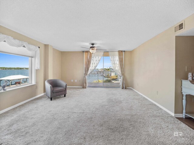 1516 Sandpiper Ln Unit 209, Gulf Shores, AL 36542 - living area with a textured ceiling, a water view, a wealth of natural light, and carpet floors