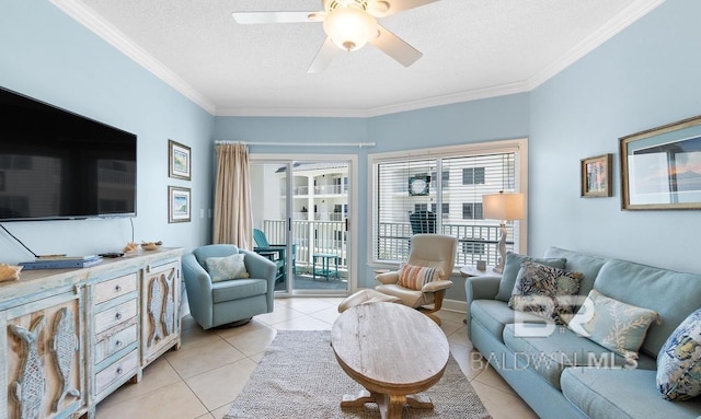 tiled living room with crown molding, a textured ceiling, and ceiling fan